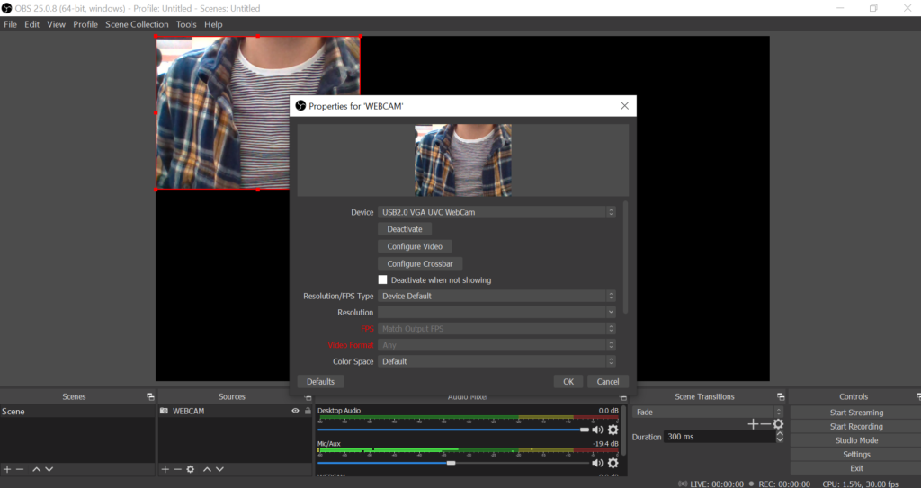 obs studio recording screen and face